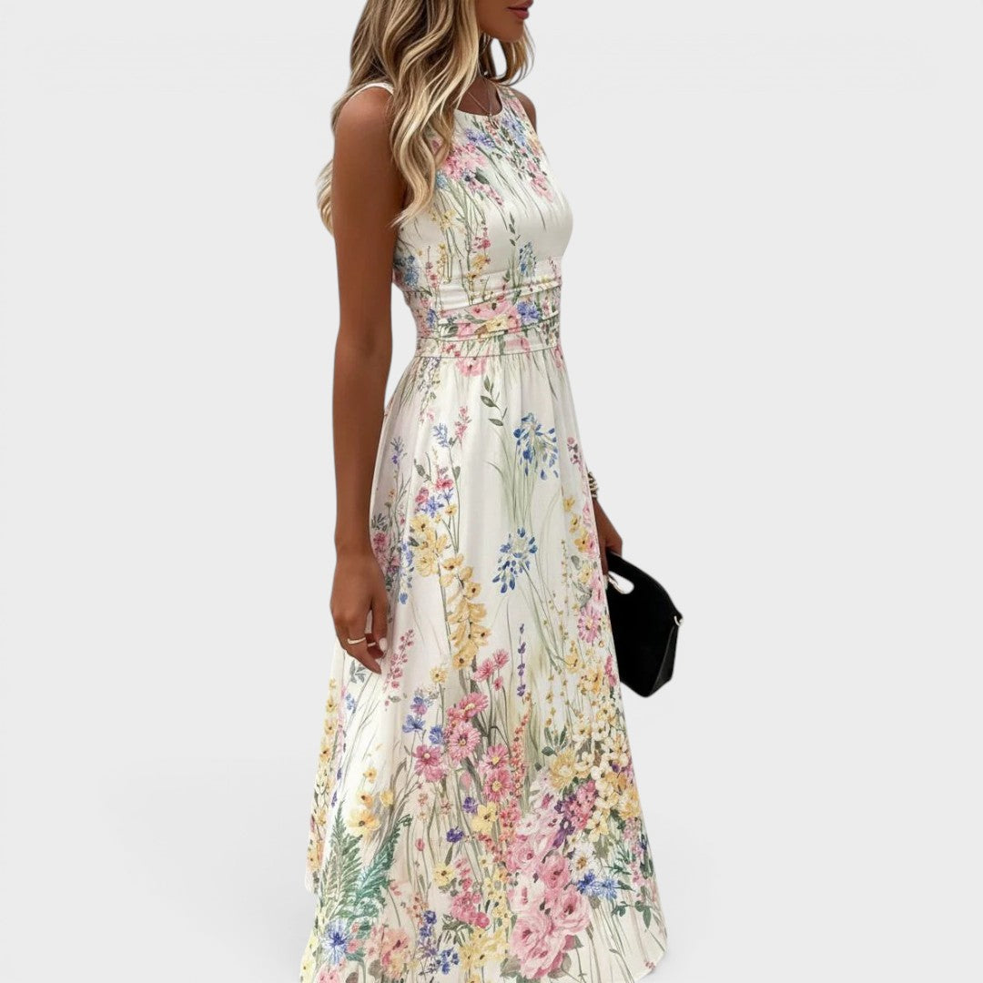 Damen Midi Kleid mit Blumenprint in Midilänge, Detailansicht des Stoffes