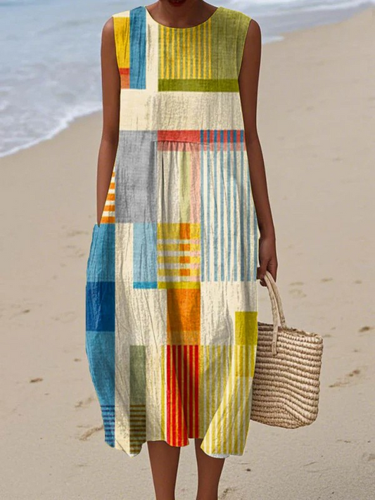 Damen Midi Kleid mit Print, ärmellos und locker geschnitten für sommerliche Outfits