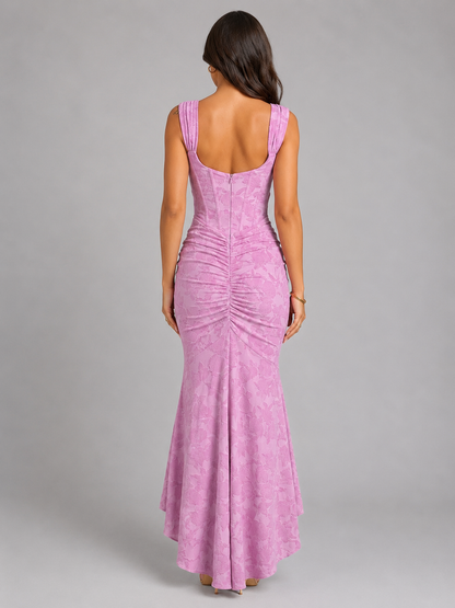 Langes Damenkleid mit floralem Muster und figurbetonter Corsage