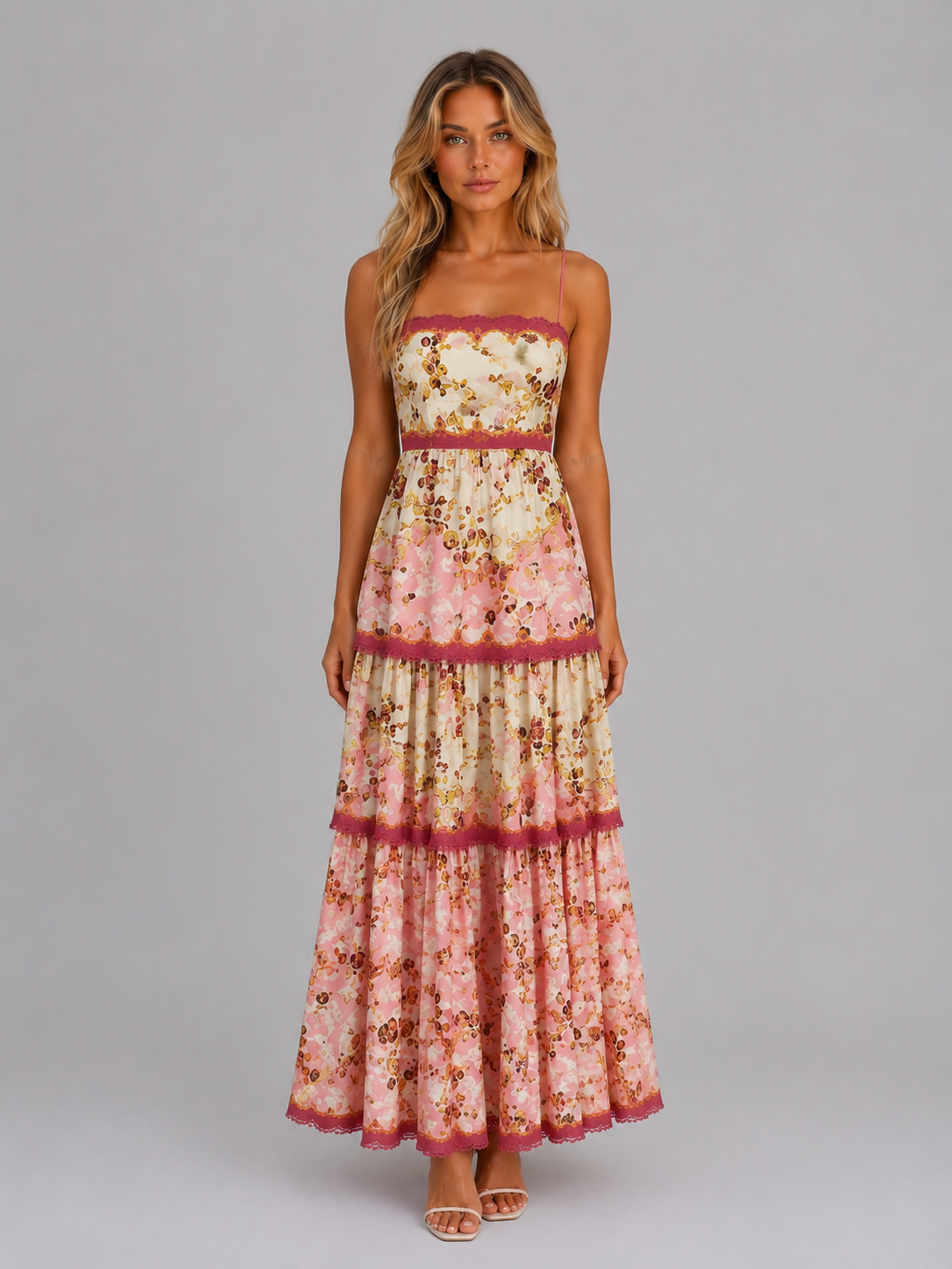 Damen Maxi Kleid Mit Blumenprint Und Schnuerdetail