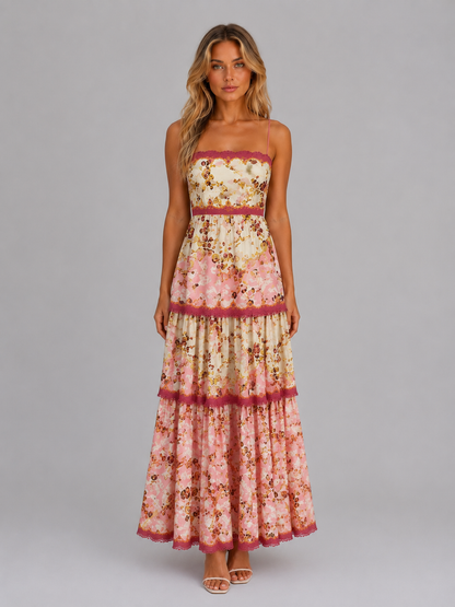 Damen Maxi Kleid Mit Blumenprint Und Schnuerdetail