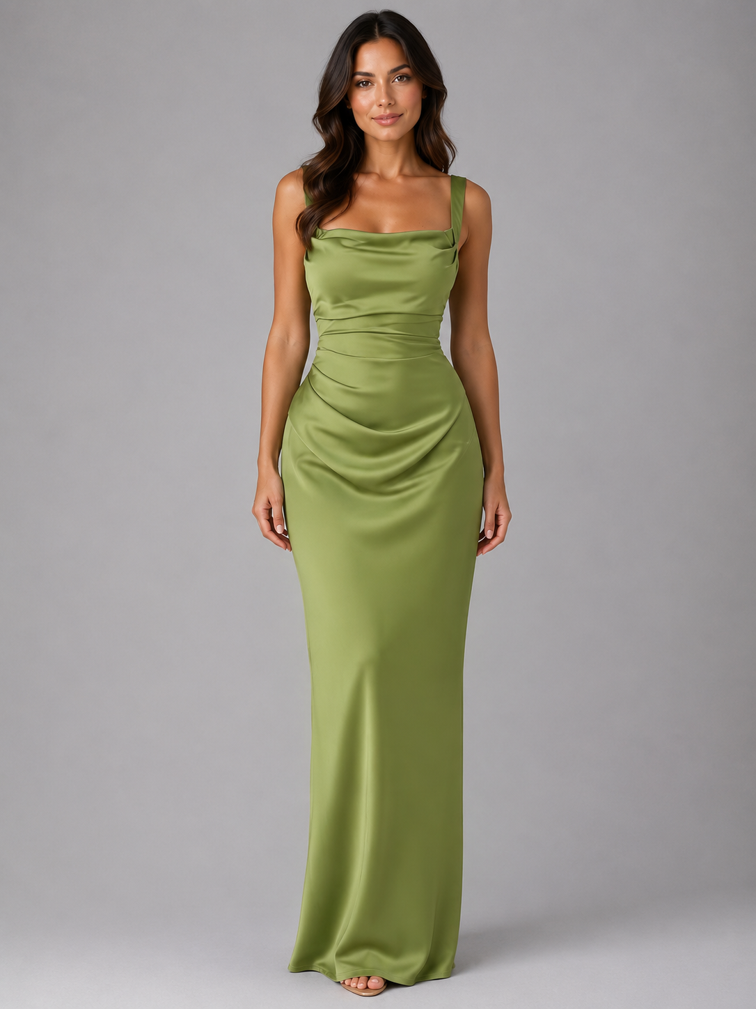 Damen Satin Maxikleid mit raffinierter Taillenraffung in voller Länge