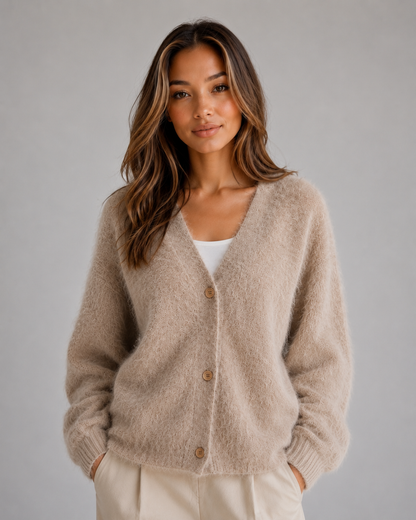 Damen Strickcardigan mit V-Ausschnitt und Knopfleiste in Frontalansicht