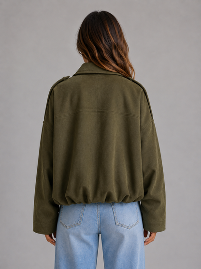 Oversized Bomberjacke für Damen in Wildleder Optik mit Kragen aus seitlicher Ansicht