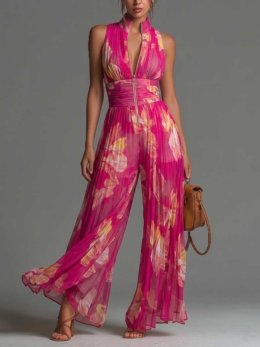 Damen Jumpsuit mit Blumenmuster und Reissverschluss im Detail