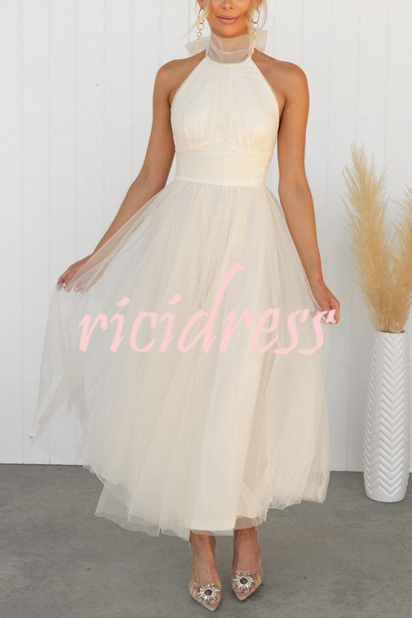 Maxikleid mit Neckholder und gerafften Details aus Tüll
