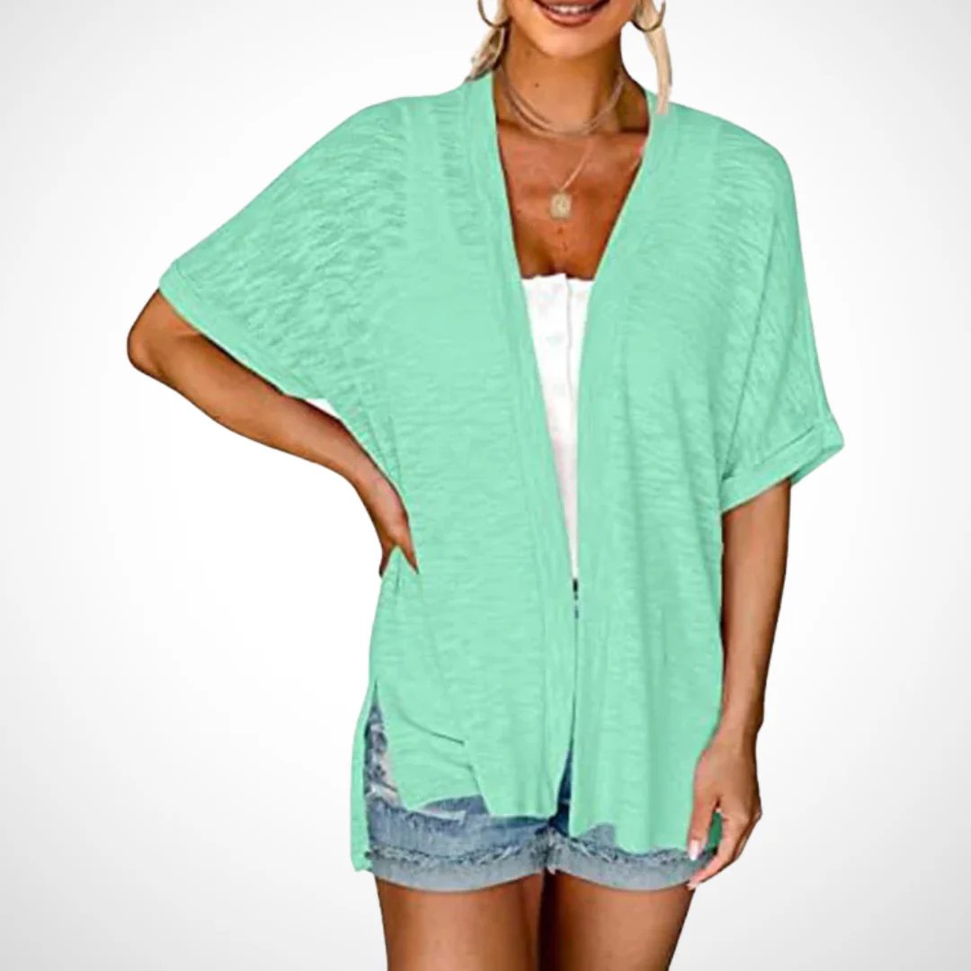 Stilvoller Strickcardigan mit kurzen Ärmeln und offenem Schnittdesign