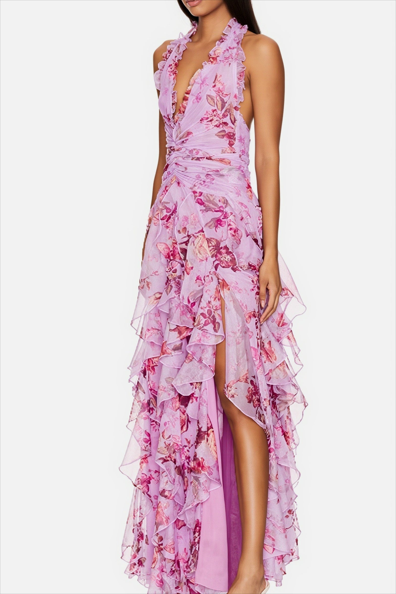 Langes Chiffonkleid mit buntem Blumenprint für sommerliche Anlässe