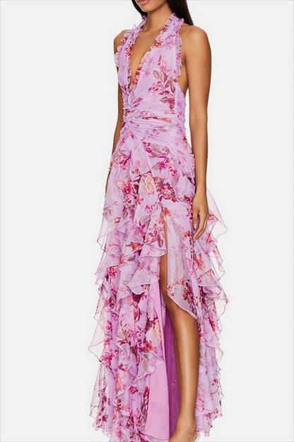 Langes Chiffonkleid mit buntem Blumenprint für sommerliche Anlässe