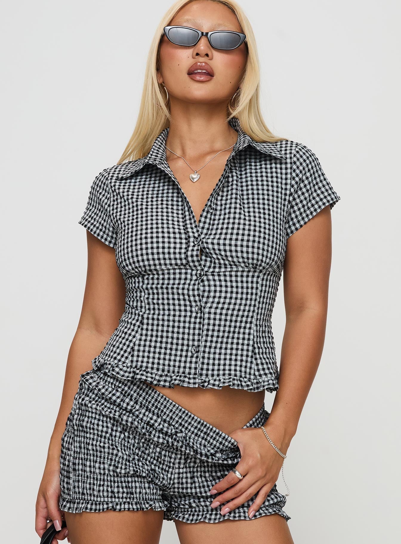 Damen-Bluse mit Vichykaro-Knöpfen