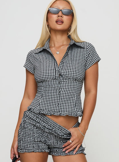 Damen-Bluse mit Vichykaro-Knöpfen