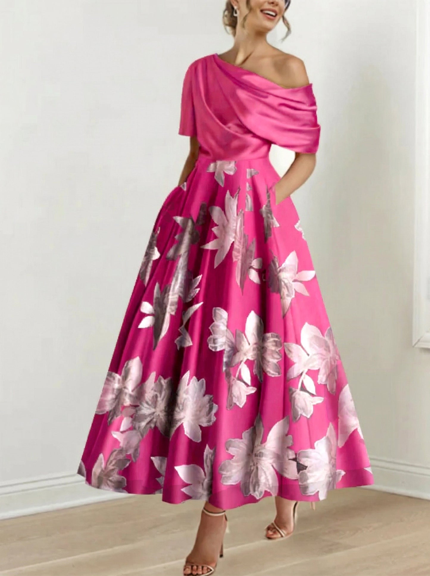 Ein-Schulter Bedrucktes Blumen A-Linien Kleid für die Mutter der Braut