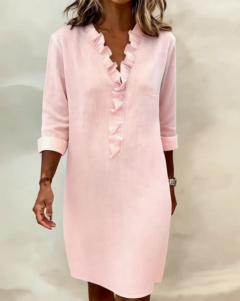 Luftiges Leinenmischgewebe Kleid mit Rüschensaum