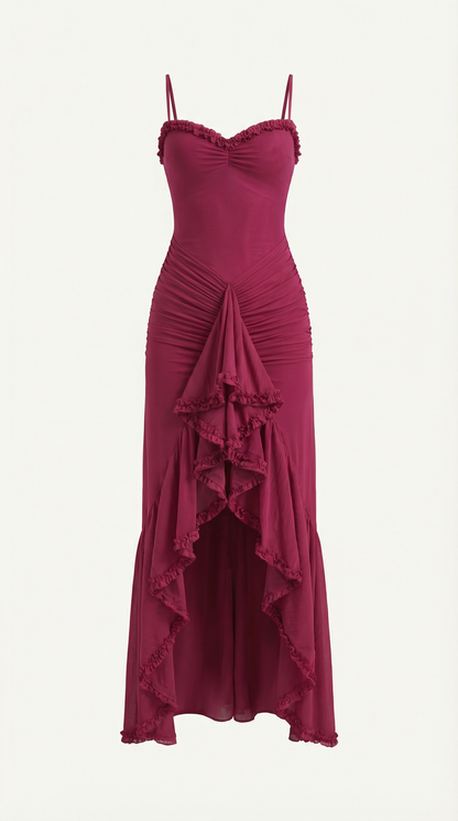 Damen Maxikleid mit Volants und asymmetrischem Saum
