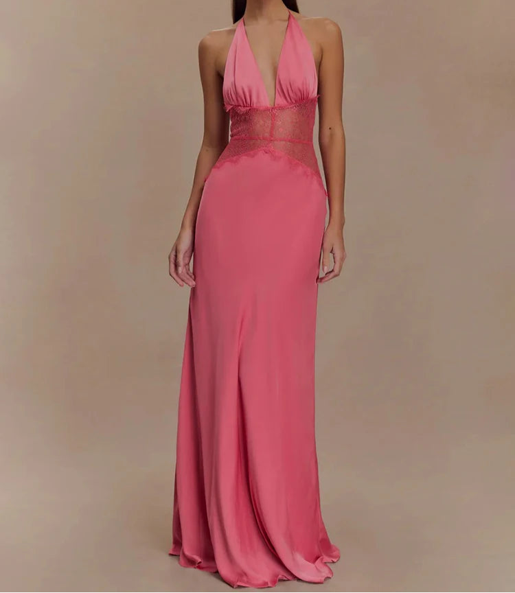 Maxikleid mit Neckholder, Spitzenbesatz und rückenfreiem Design
