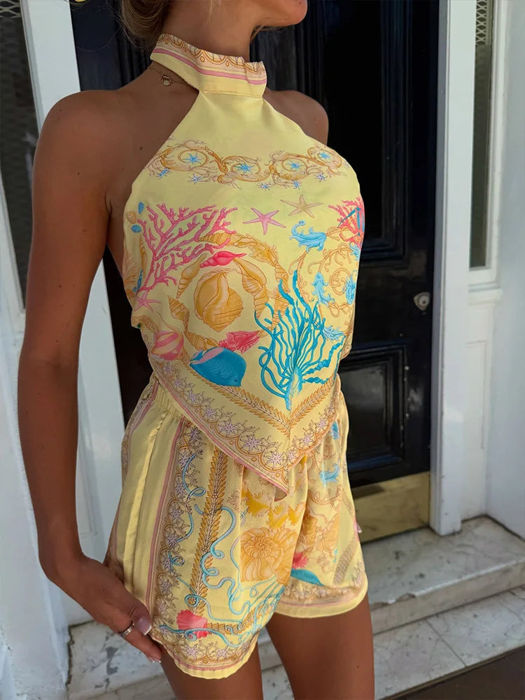 Damen Ärmelloses Etuikleid Neckholder Top und Shorts Set