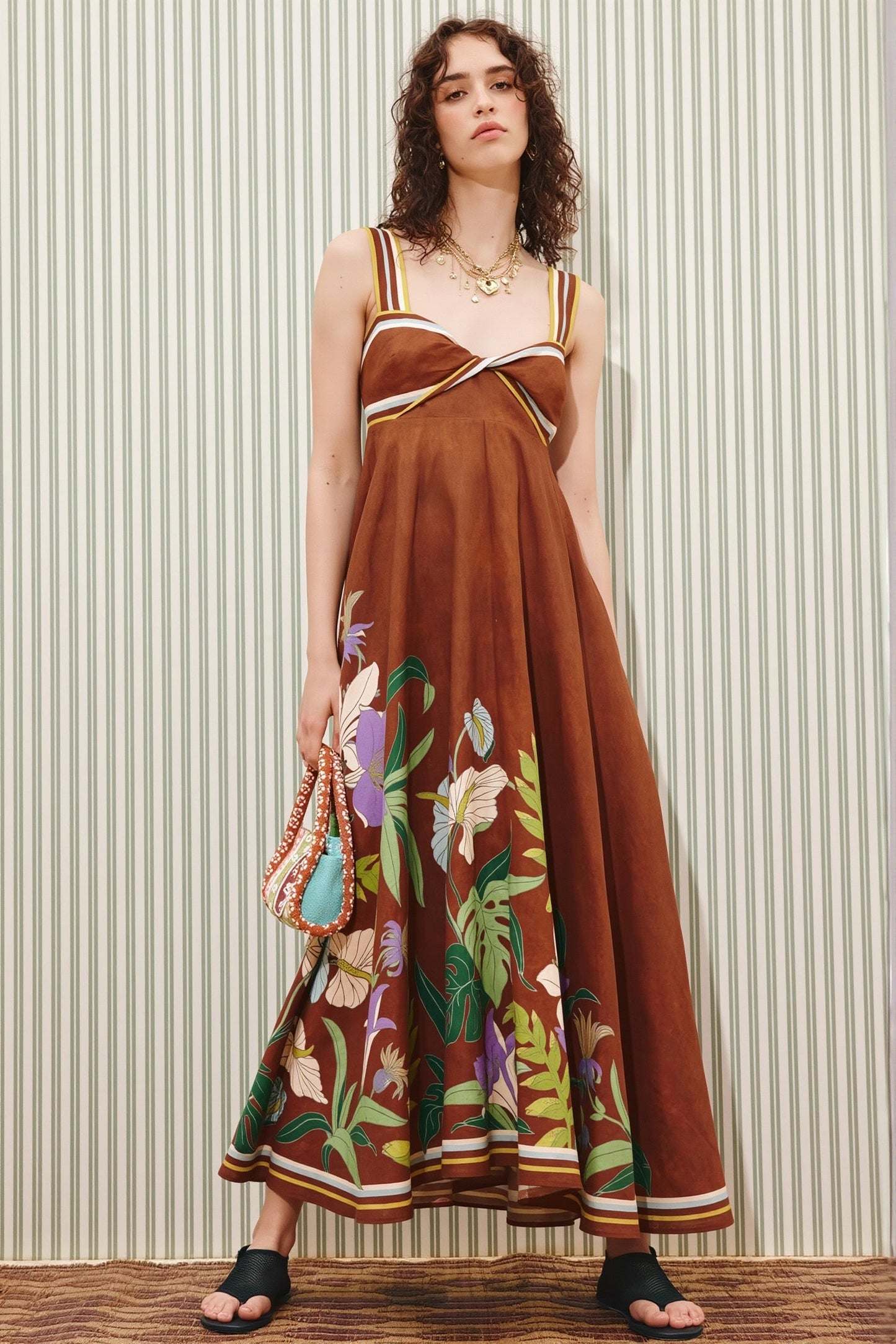 Damen-Maxikleid mit Blumenprint und Streifen in langer, luftiger Boho-Passform