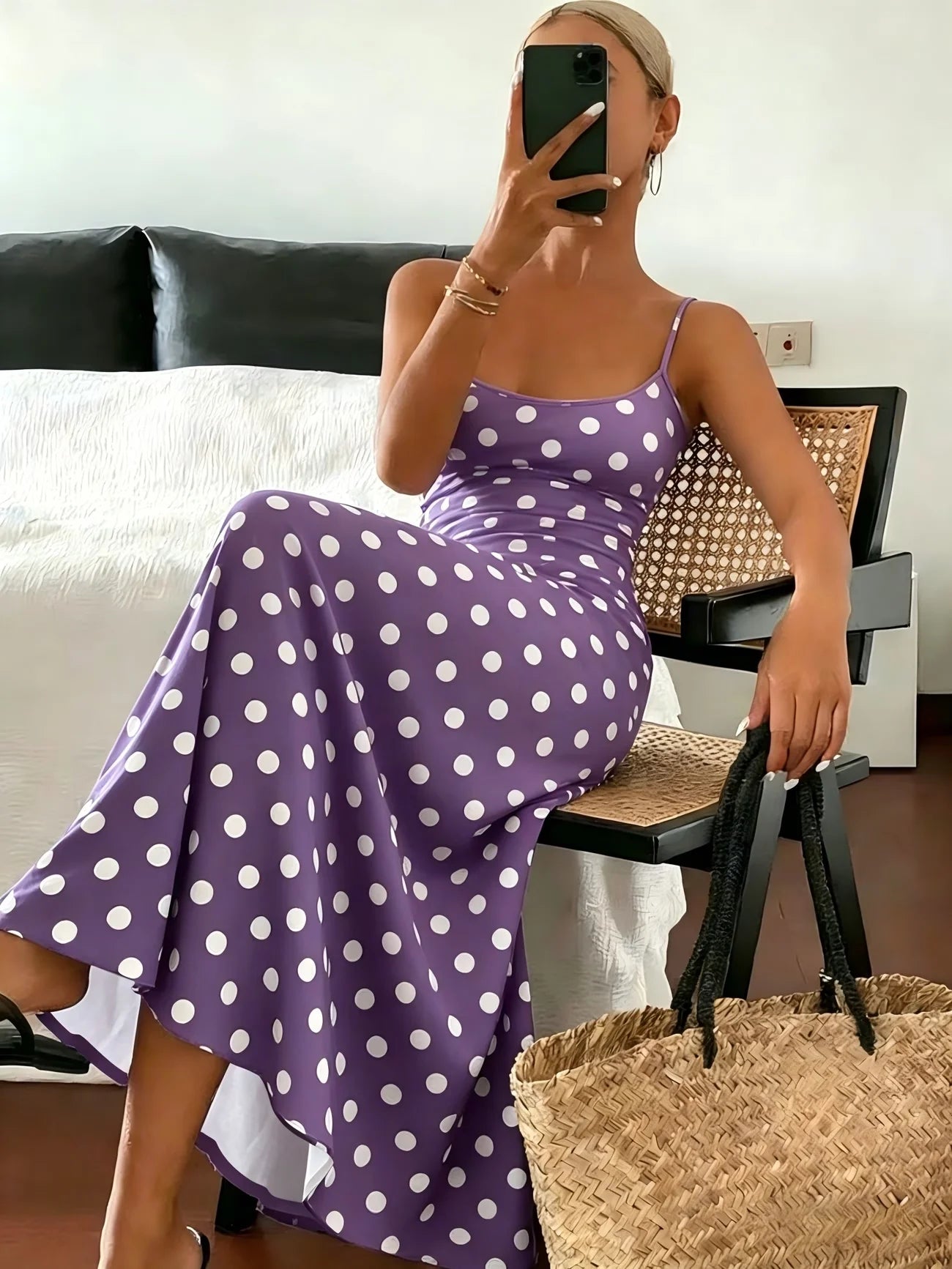 Ärmelloses, tailliertes Midi-Kleid aus Polyester mit Polka-Dots