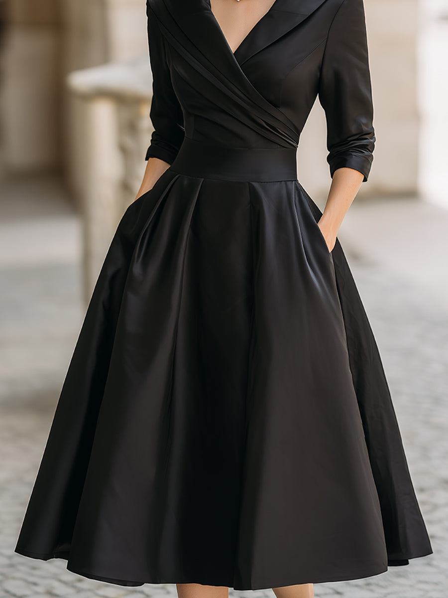 Vintage Satin Midikleid mit drapiertem Kragen