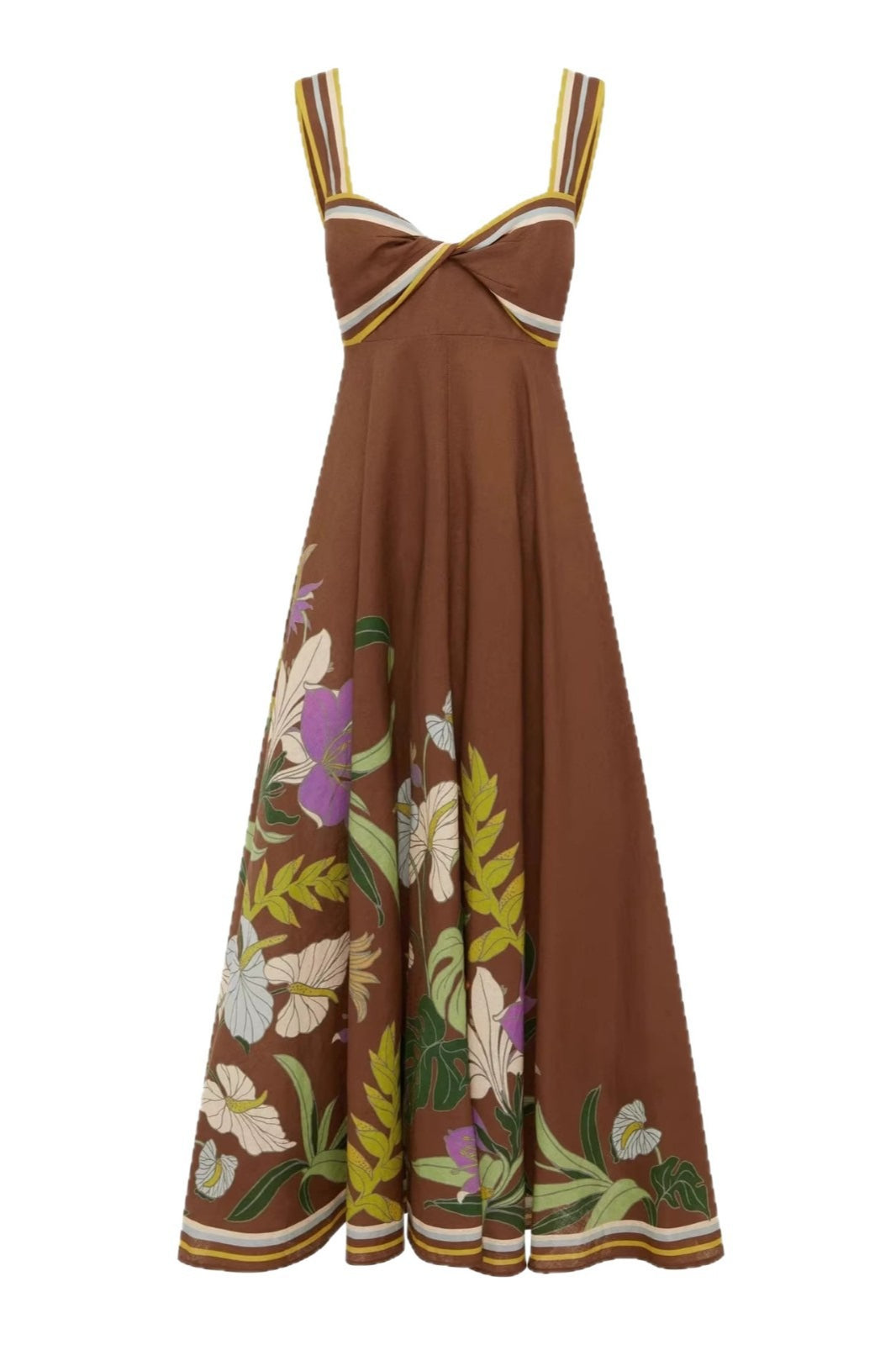 Detailansicht vom Damen-Maxikleid mit Blumenprint, Streifen und langem Schnitt