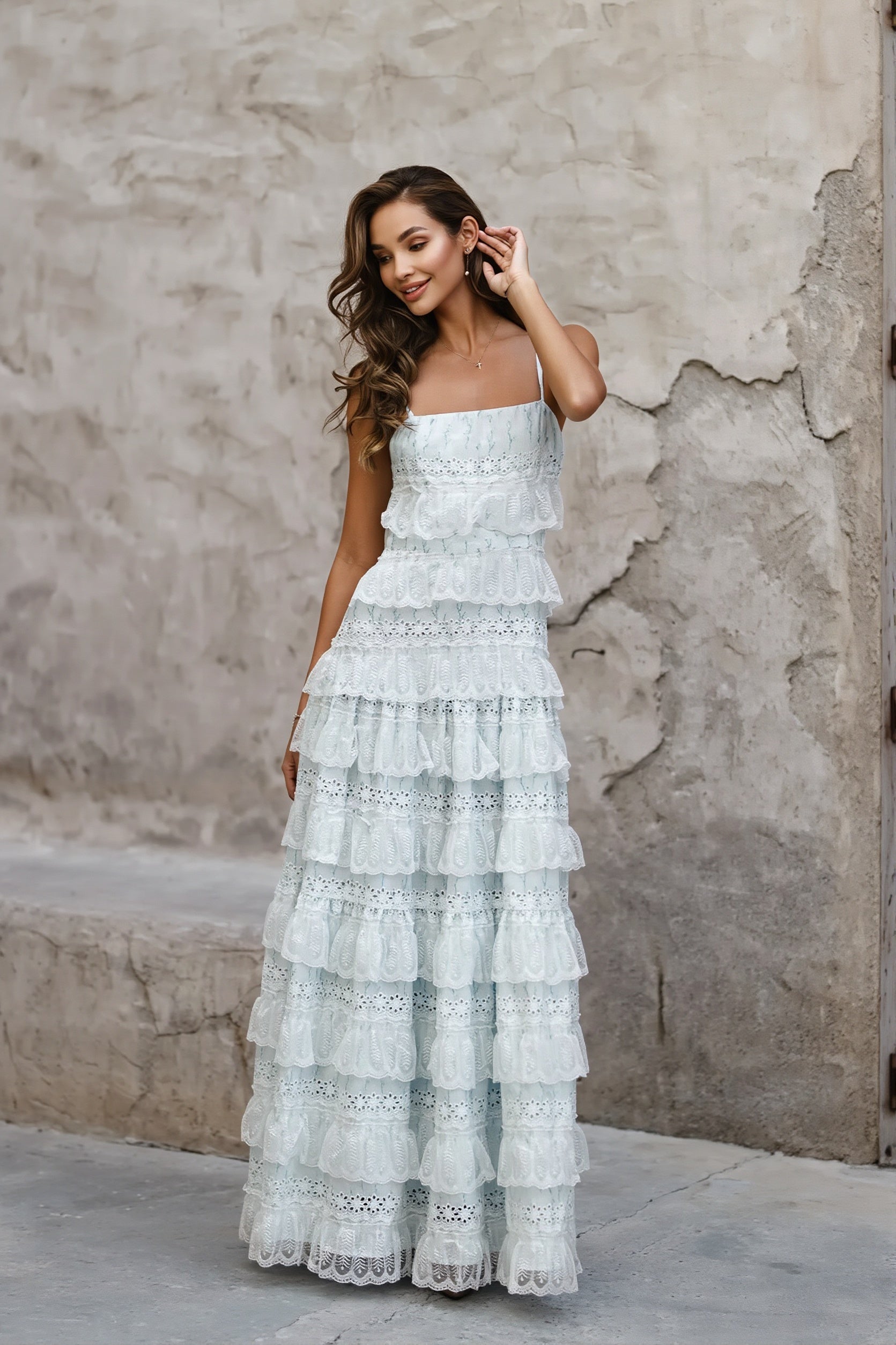 Damen Maxikleid mit Print und Häkelspitze als eleganter Ferienlook