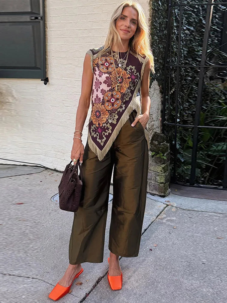 Damen Satin Ärmellose Bluse mit Blumenmuster und Fransenbesatz Weinrot