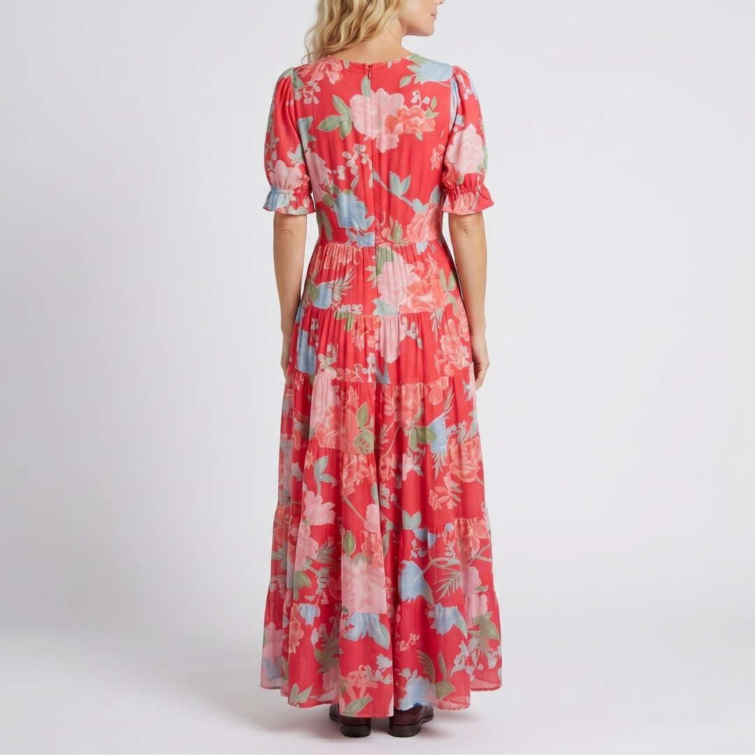 Elegantes Blumen-V-Ausschnitt-Kleid