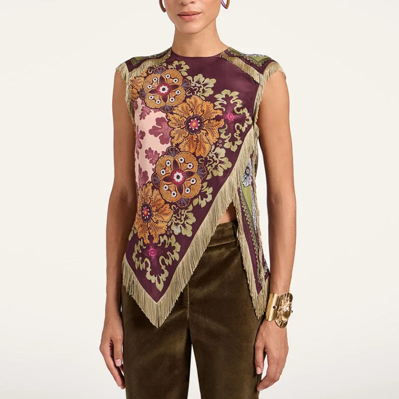 Damen Satin Ärmellose Bluse mit Blumenmuster und Fransenbesatz Weinrot