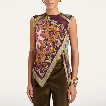 Damen Satin Ärmellose Bluse mit Blumenmuster und Fransenbesatz Weinrot