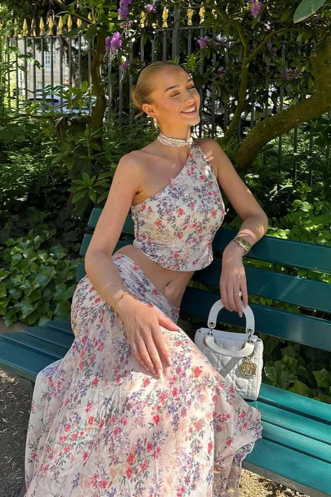 Damen Zweiteiler in Rosa mit Blumenprint und One-Shoulder-Oberteil
