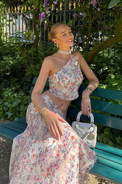 Damen Zweiteiler in Rosa mit Blumenprint und One-Shoulder-Oberteil