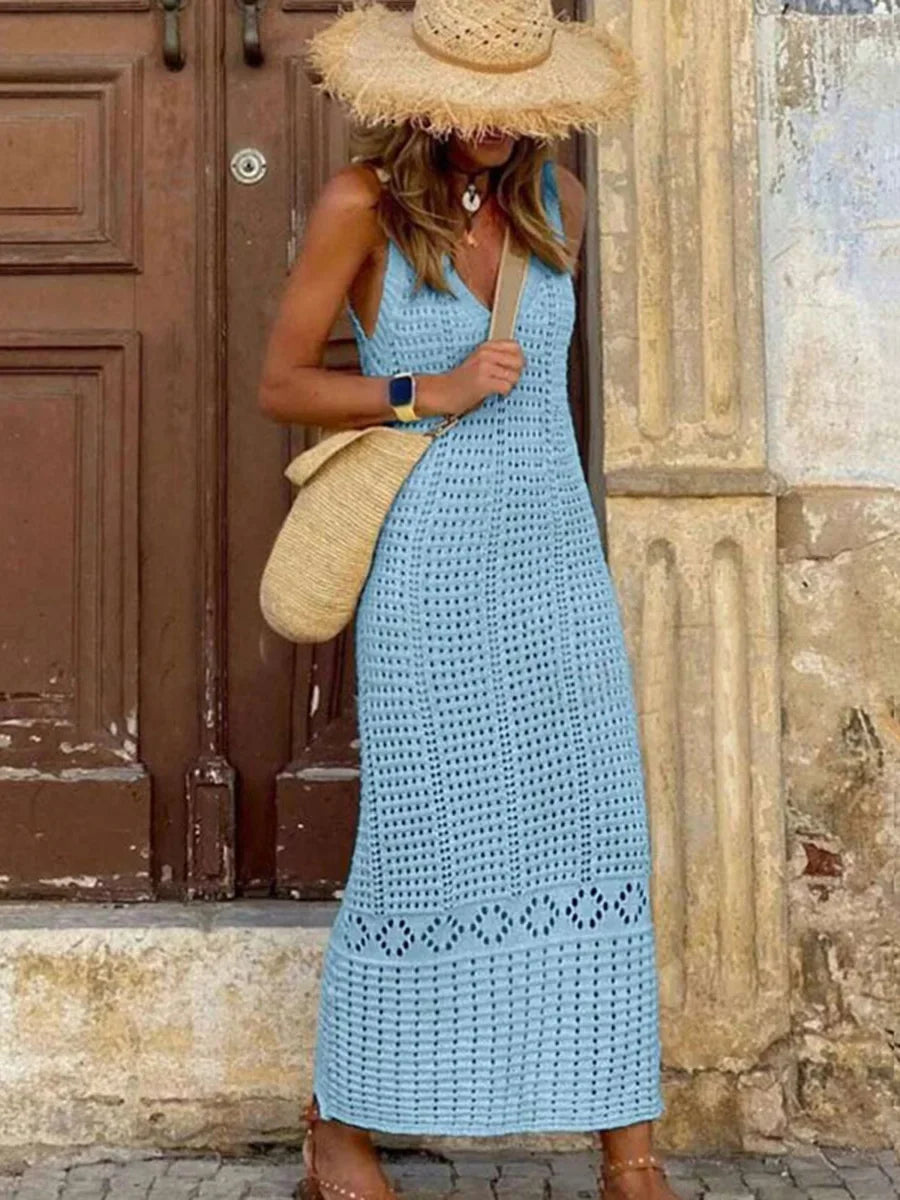 Damen Häkelspitzen V-Ausschnitt Tunika Strandkleid