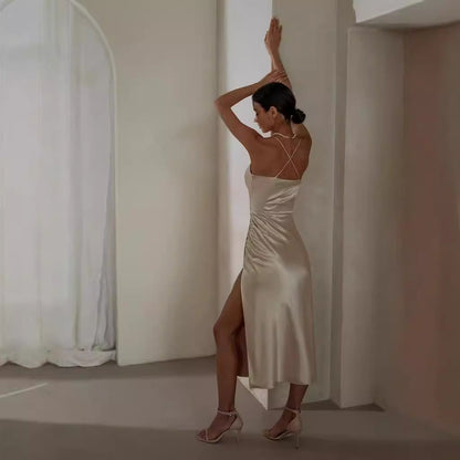 Damen Satin Cocktailkleid mit drapiertem Seitenschlitz