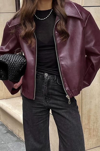 Kunstleder-Bikerjacke für Damen mit figurbetontem Cropped-Schnitt