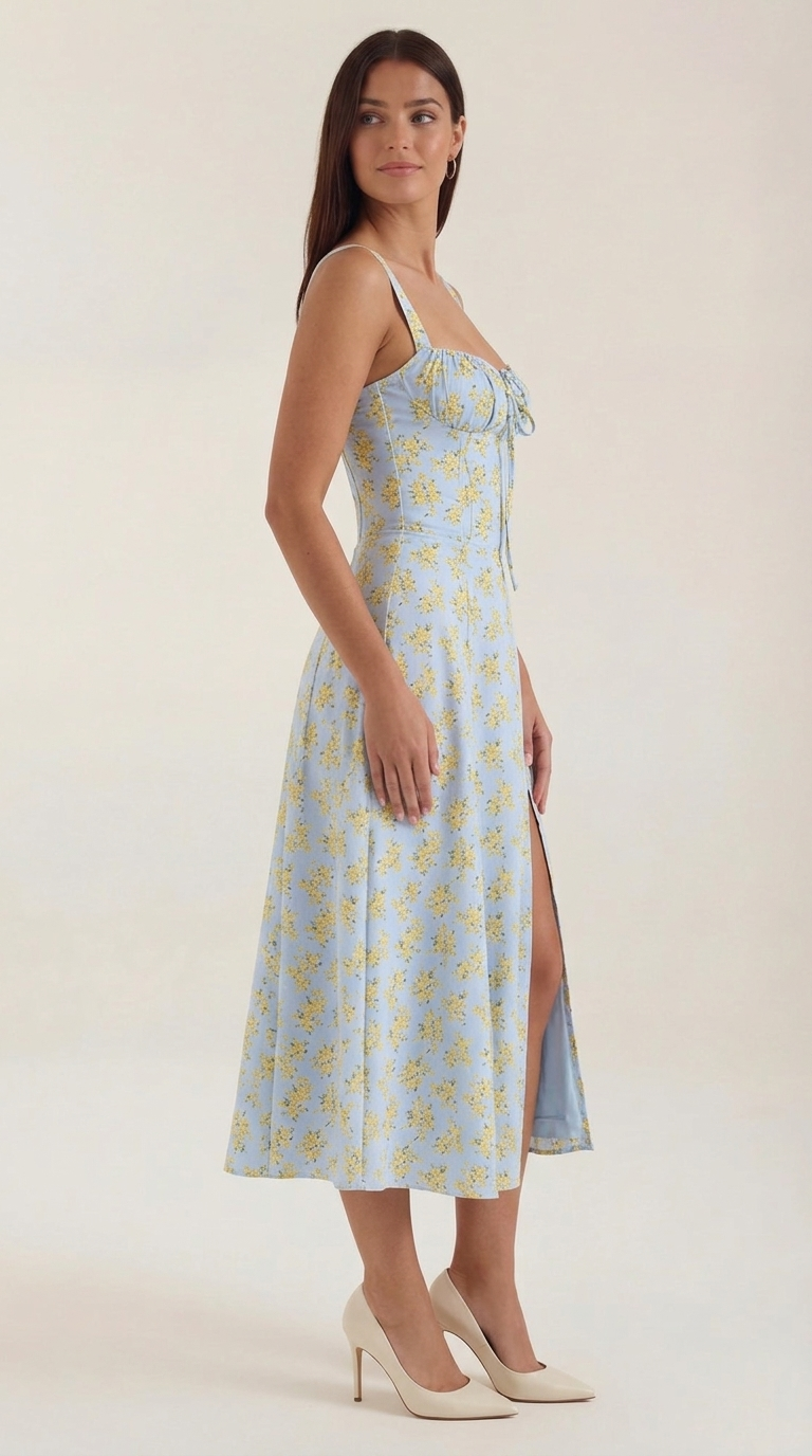Damen Midikleid mit Blumenmuster Hochzeitsgastkleid