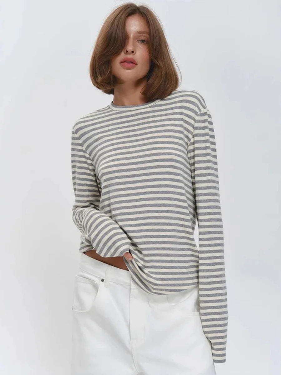 Damen Langarm-T-Shirt aus Baumwolle mit Streifenmuster