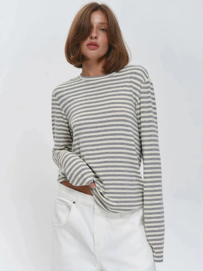 Damen Langarm-T-Shirt aus Baumwolle mit Streifenmuster
