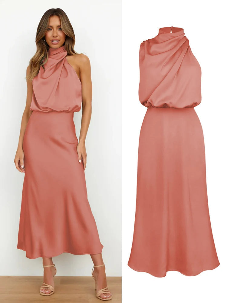 Damen Satin Midi Kleid Asymmetrischer Ausschnitt Abendkleid
