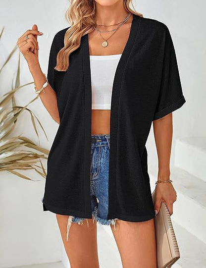 Stilvoller Strickcardigan mit kurzen Ärmeln und offenem Schnittdesign