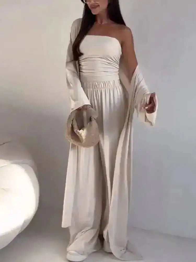 Damen Trägerloses Strick-Top mit Cardigan und weiten Hosen Set