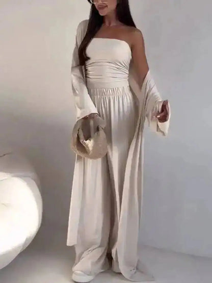Damen Trägerloses Strick-Top mit Cardigan und weiten Hosen Set