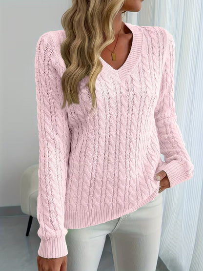 Damen Pullover Mit Zopfmuster Und V Ausschnitt