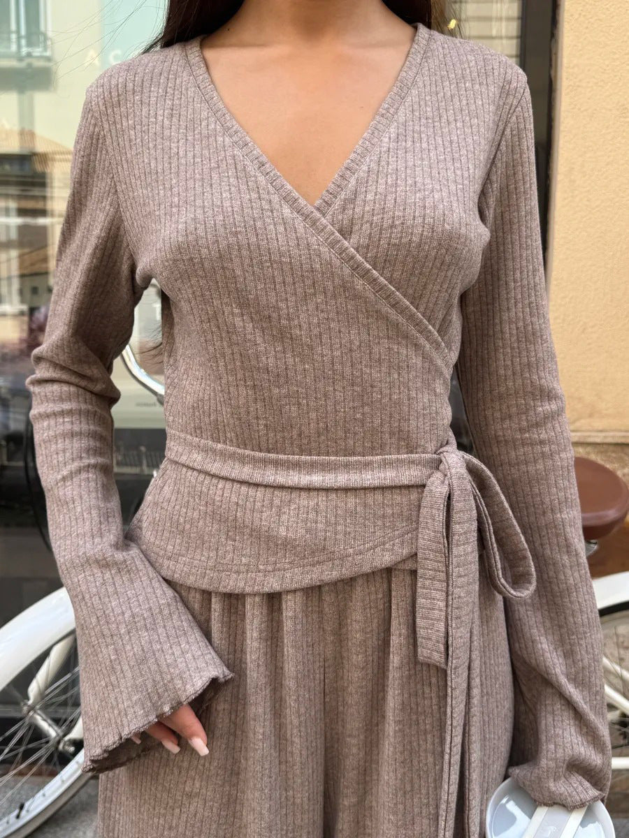 Grau geripptes Strick Crop-Top mit langen Ärmeln und weitem Hosen-Set