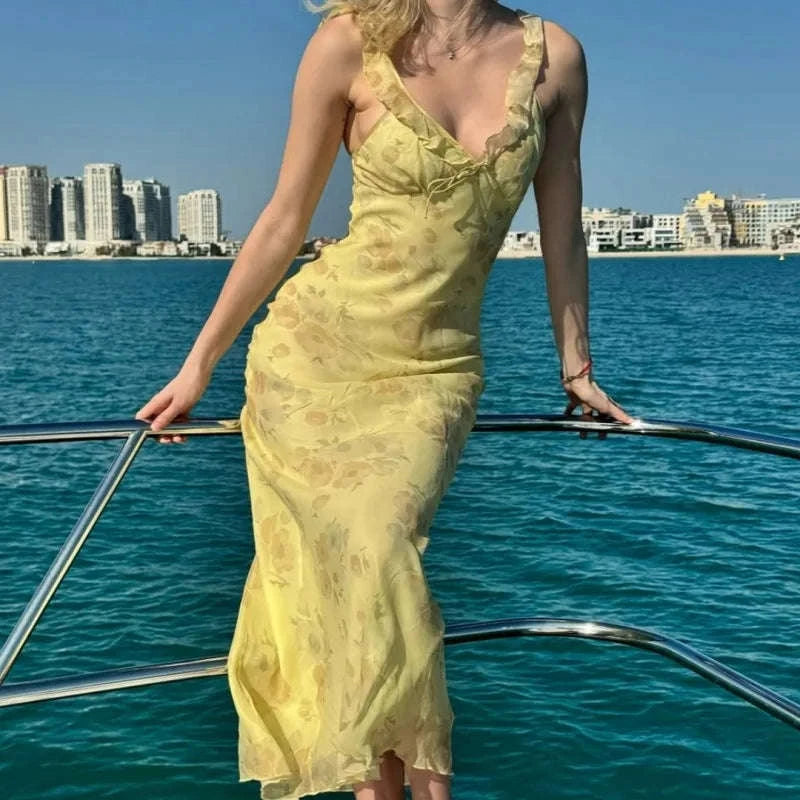 Maxikleid mit Blumenmuster, tiefem Ausschnitt und Rückenausschnitt