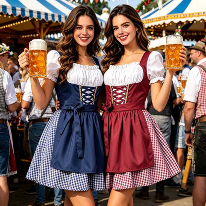 Damen-Dirndl-Kleid in Rot und Blau mit Schnürmieder und passender Schürze