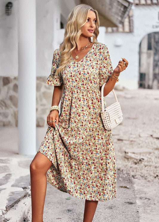 Damen Midi-Kleid mit Blumenmuster und bequemer Passform