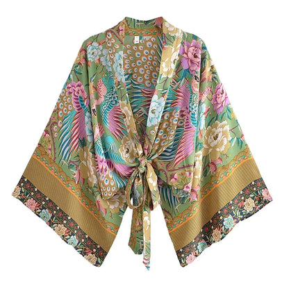 Damen Rayon Kurz Kimono mit Blumenmuster Strandüberwurf