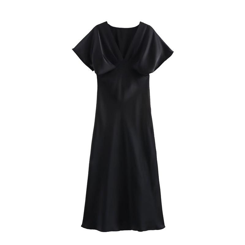 Satin Halbarm Midi Kleid Schwarz