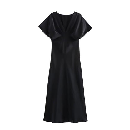 Satin Halbarm Midi Kleid Schwarz
