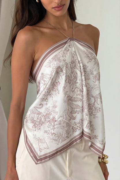 Damen Haltertop mit Print und Rueckenband aus schräger Vorderansicht
